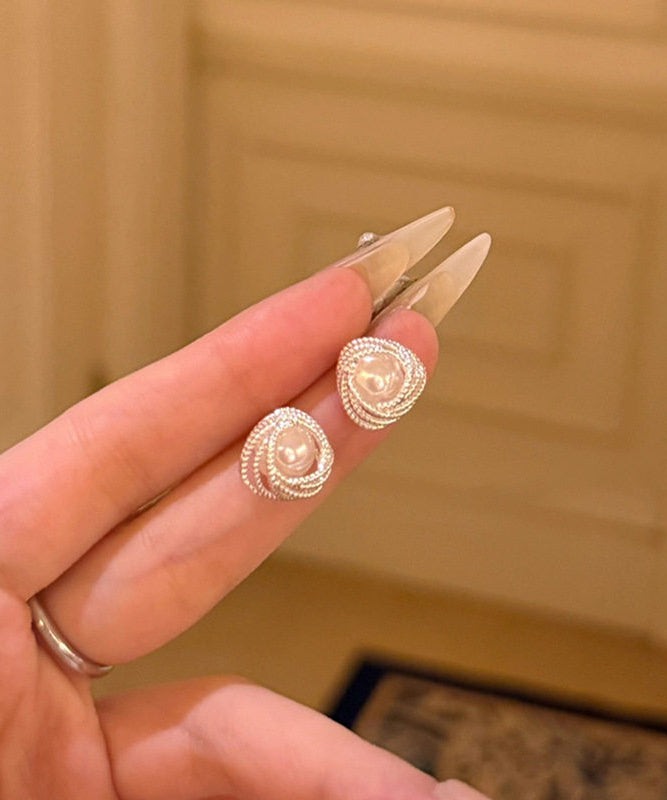 Cute Beige Sterling Silver Overgild Entangle Pearl Stud Earrings