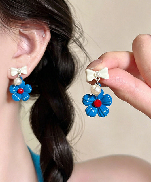 Cute Blue Copper Dripping Glaze Floral Bow Drop Earrings