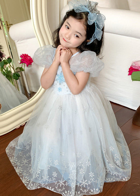 Cute Blue Embroideried Tulle Kids Girls Maxi Dresses Puff Sleeve