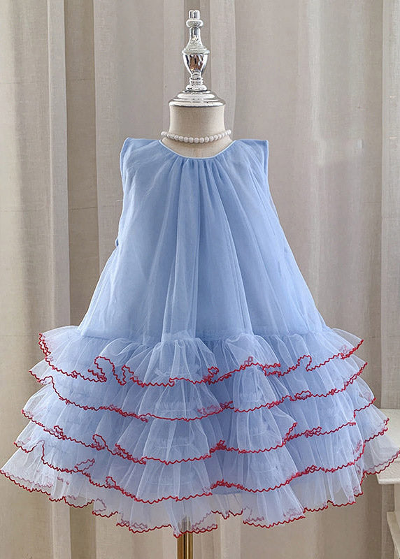 Cute Blue O-Neck Patchwork Tulle Kids Maxi Cake Dress Sleeveless