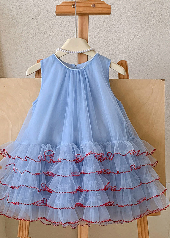 Cute Blue O-Neck Patchwork Tulle Kids Maxi Cake Dress Sleeveless