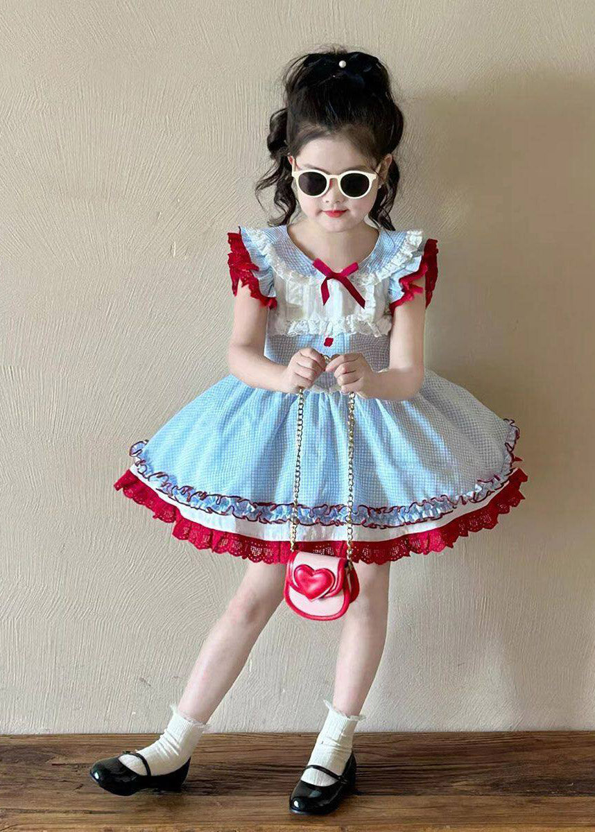Cute Blue Peter Pan Collar Ruffled Patchwork Kids Vacation Long Dresses Summer