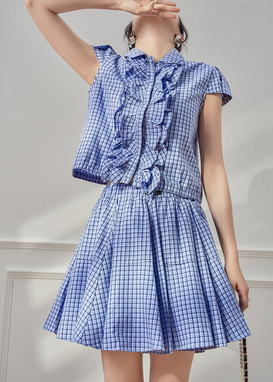 Cute Blue Plaid Peter Pan Collar Shirt And Skirts Two Piece Set Summer