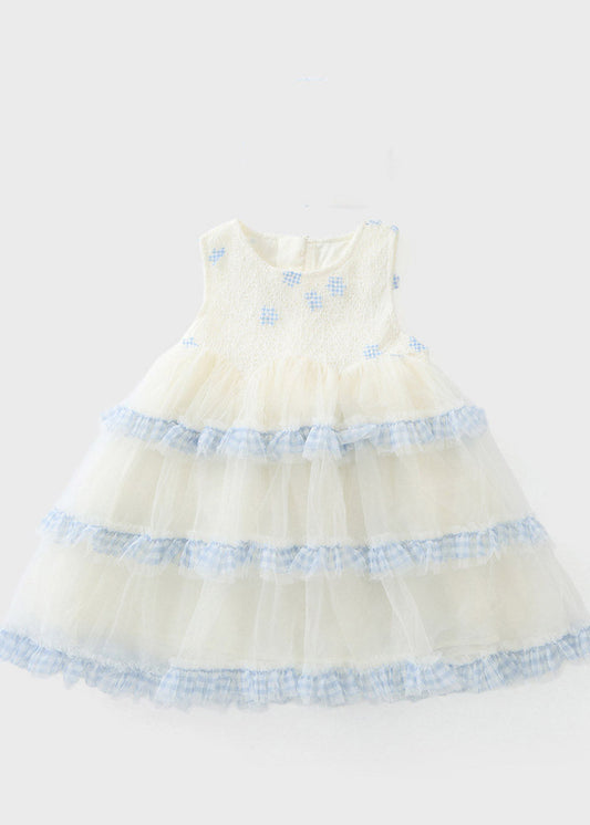 Cute Blue Print Ruffled Tulle Kids Maxi Dress Sleeveless