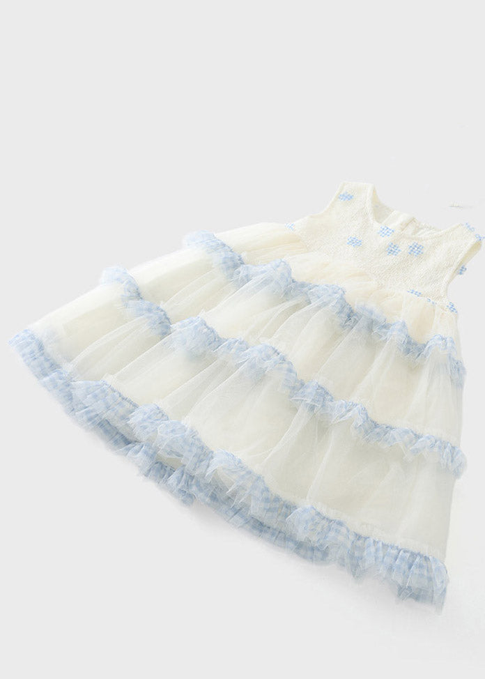 Cute Blue Print Ruffled Tulle Kids Maxi Dress Sleeveless