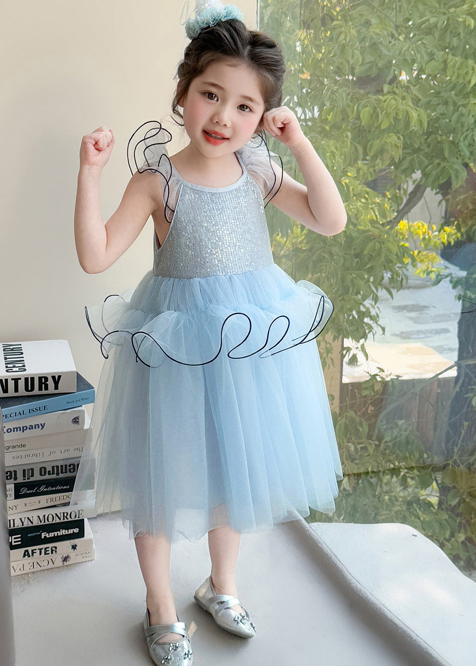 Cute Blue Sequins Tulle Kids Girls Dresses Butterfly Sleeve
