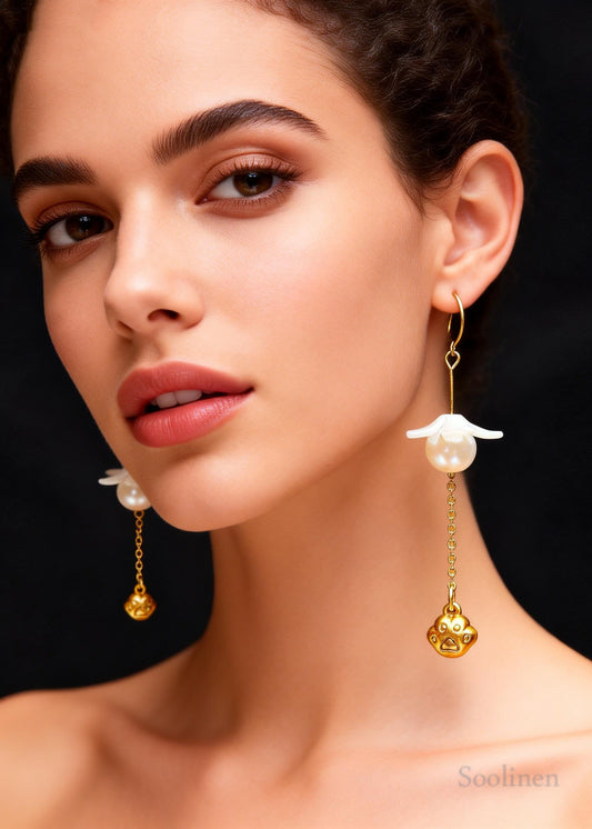 Cute Cat's Paw 14K Gold Pearl Drop Earrings