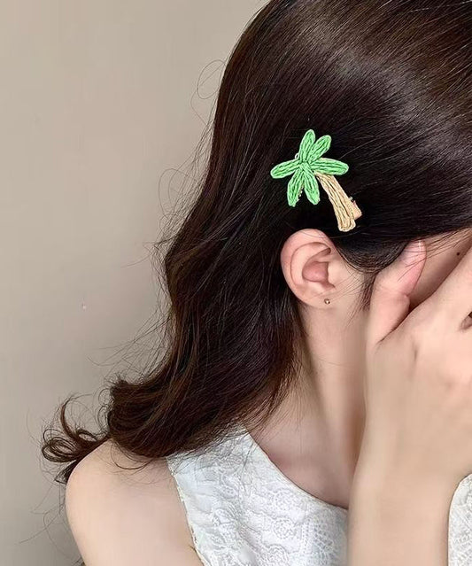 Cute Green Alloy Coconut Tree Straw Weaving A Pair Hairpin