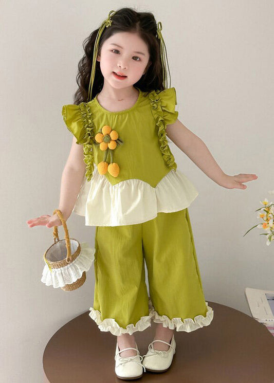 Cute Green Ruffled Patchwork Sunflower Girls Top And Wide Leg Pants Two Pieces Set Summer