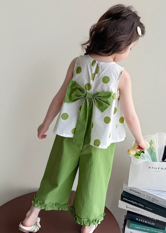 Cute Green Ruffled Print Bow Cotton Baby Girls Two Pieces Set Summer