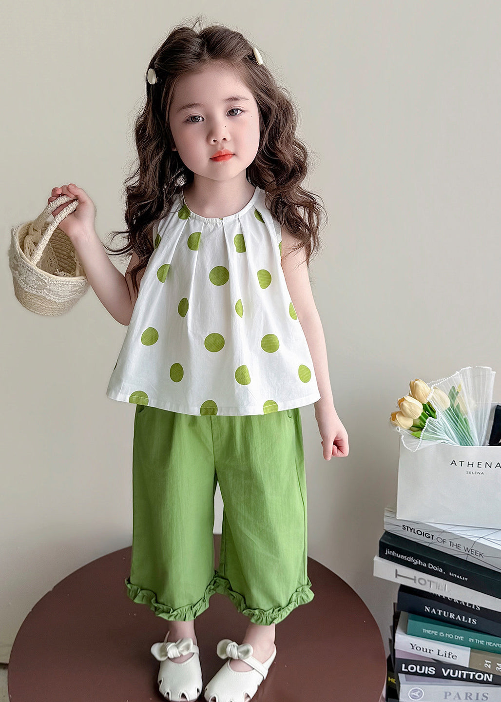 Cute Green Ruffled Print Bow Cotton Baby Girls Two Pieces Set Summer