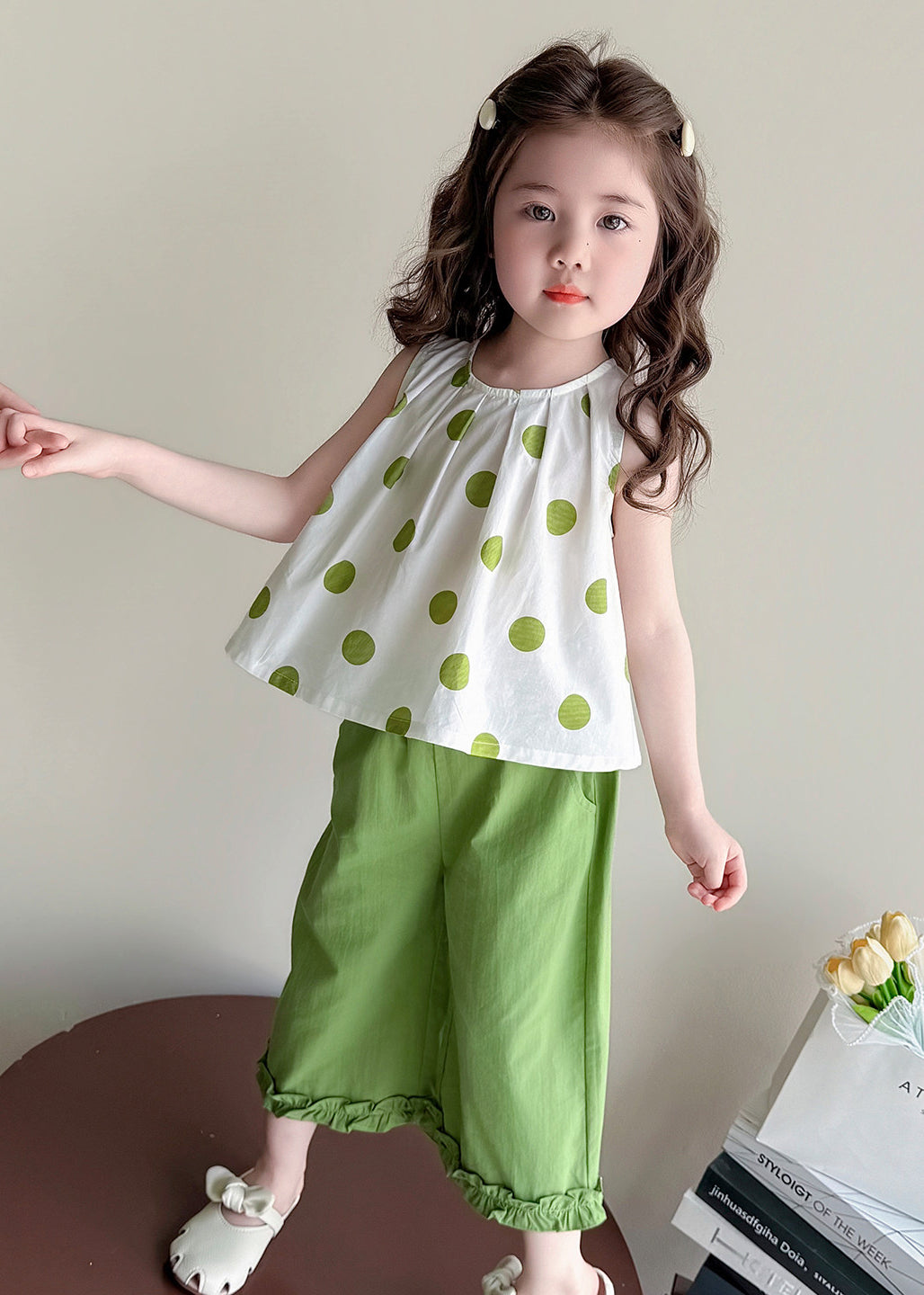 Cute Green Ruffled Print Bow Cotton Baby Girls Two Pieces Set Summer