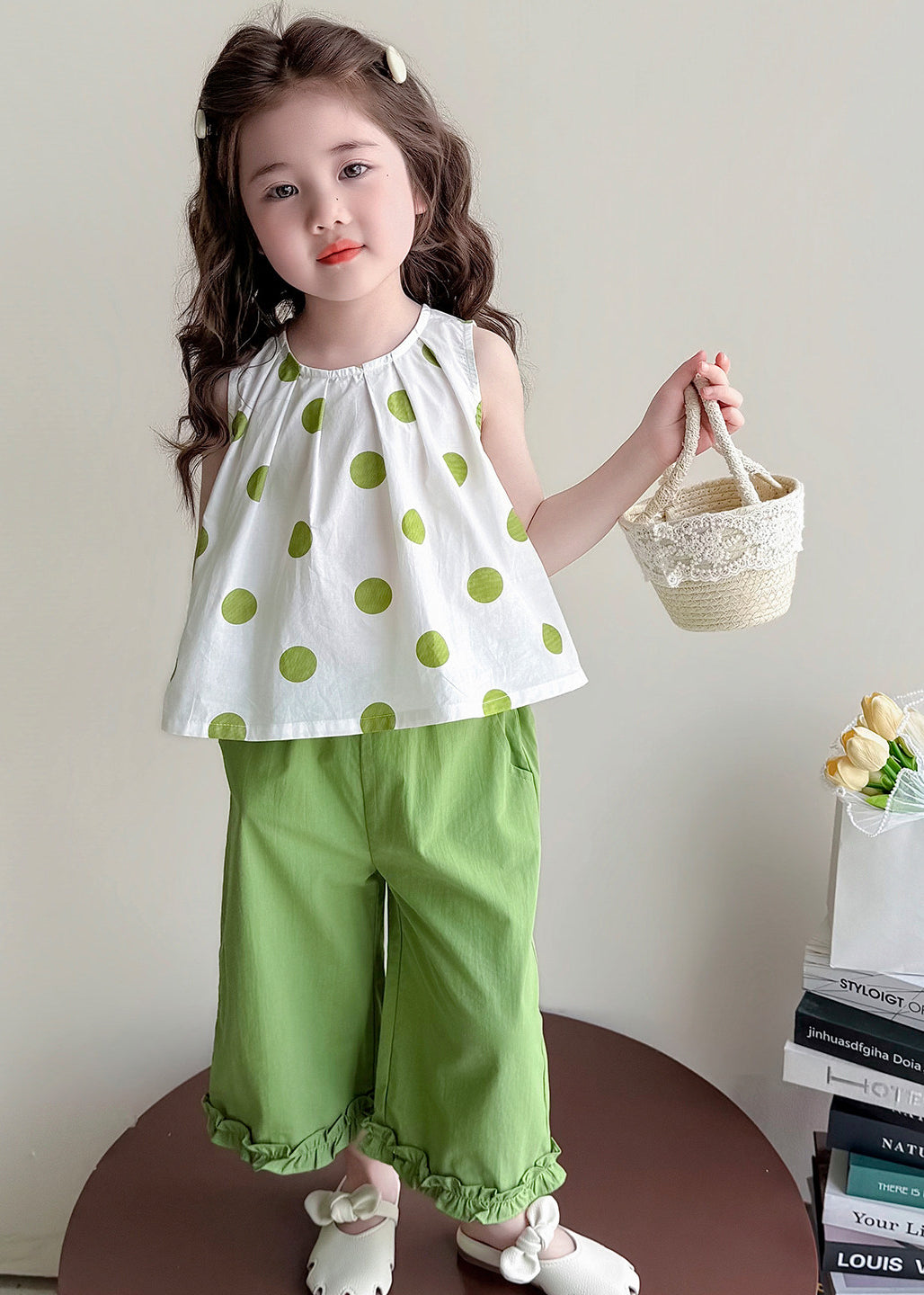 Cute Green Ruffled Print Bow Cotton Baby Girls Two Pieces Set Summer