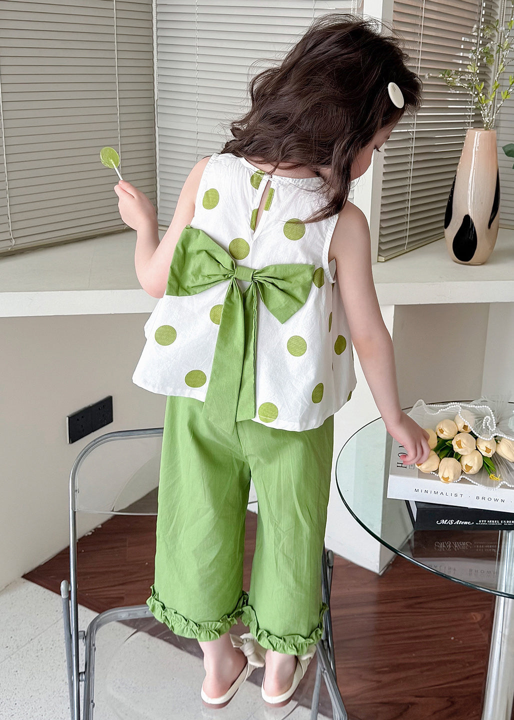 Cute Green Ruffled Print Bow Cotton Baby Girls Two Pieces Set Summer