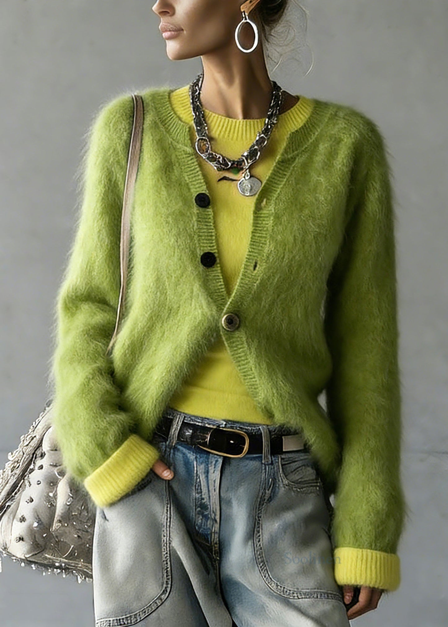 Cute Green V Neck Cotton Knit Cardigan And Top Two Pieces Set Spring