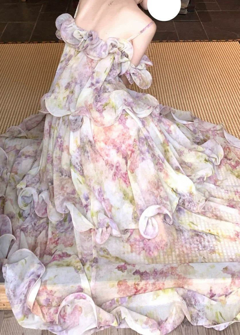 Cute Light Purple Ruffled Print Chiffon Maxi Cake Dress Summer