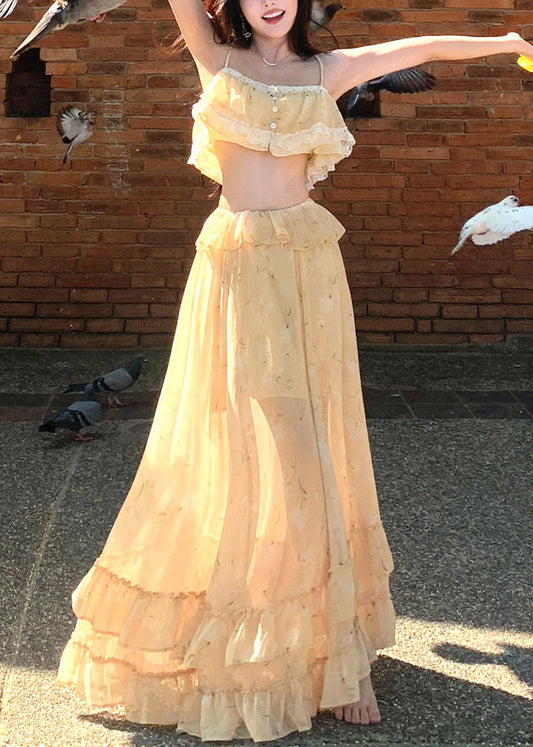 Cute Light Yellow Ruffled Lace Patchwork Vest And Maxi Skirts Two Piece Set Sleeveless