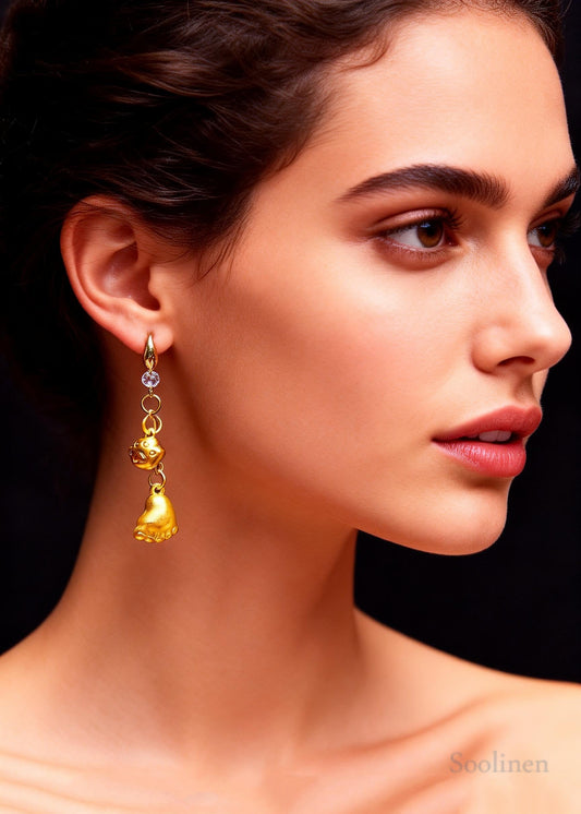 Cute Little Feet 14K Gold Long Drop Earrings