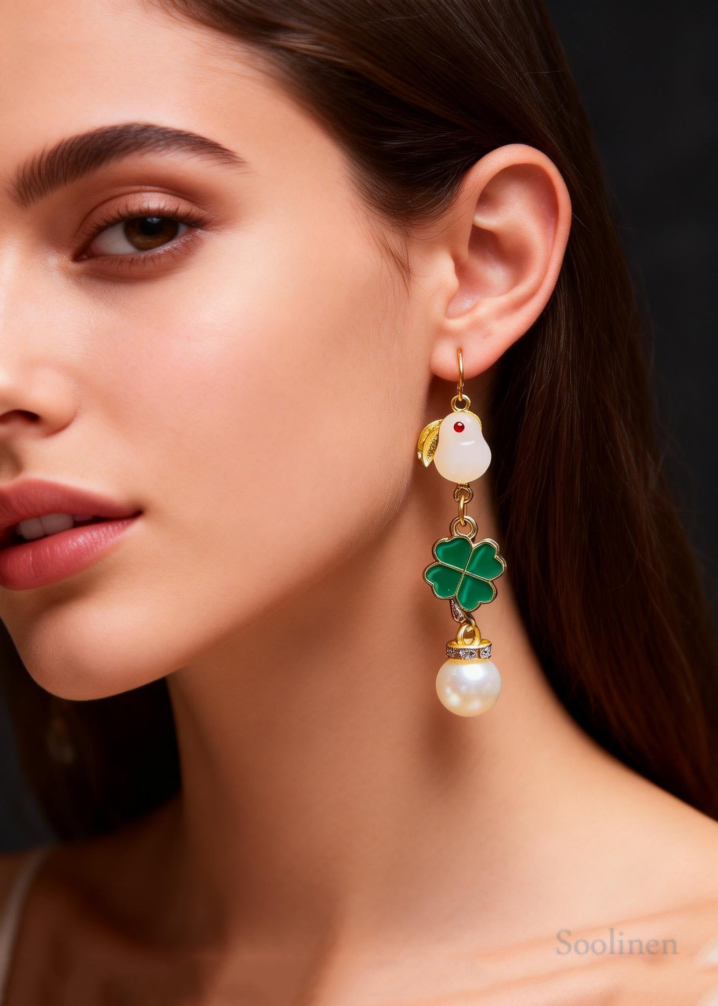 Cute Little White Rabbit Jade Fine Pearl Drop Earrings