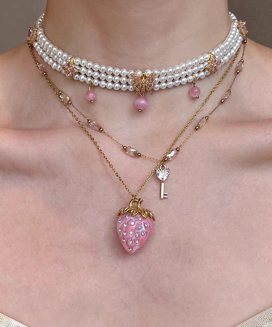 Cute Pink Alloy Pearl Cat's Eye Strawberry Beading Pendant Necklace Three-Piece Set