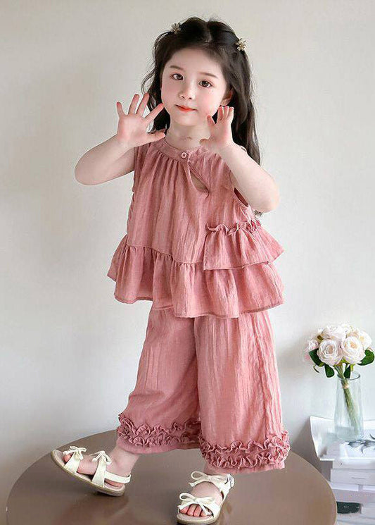 Cute Pink Asymmetrical Hollow Out Girls Top And Wide Leg Pants Two Pieces Set Summer