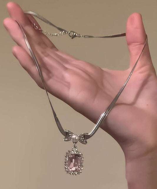 Cute Pink Copper Overgild Zircon Bow Pendant Necklace