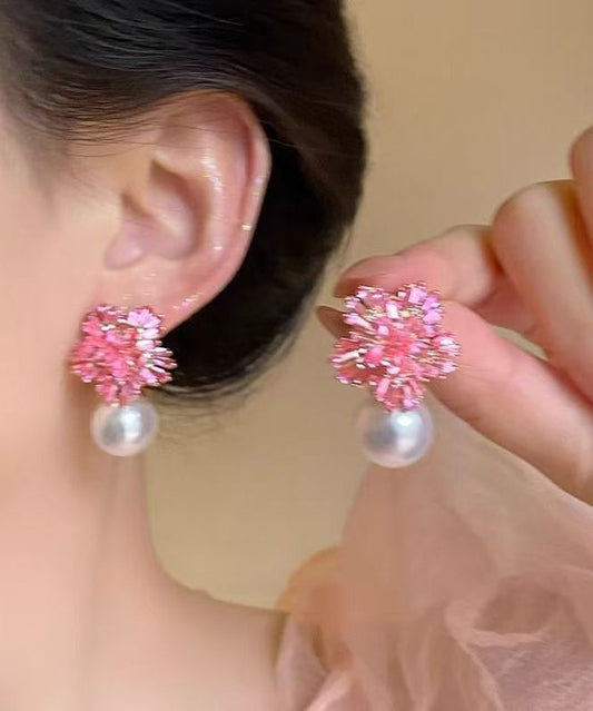 Cute Pink Copper Zircon Pearl Drop Earrings