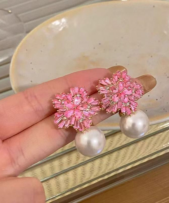 Cute Pink Copper Zircon Pearl Drop Earrings
