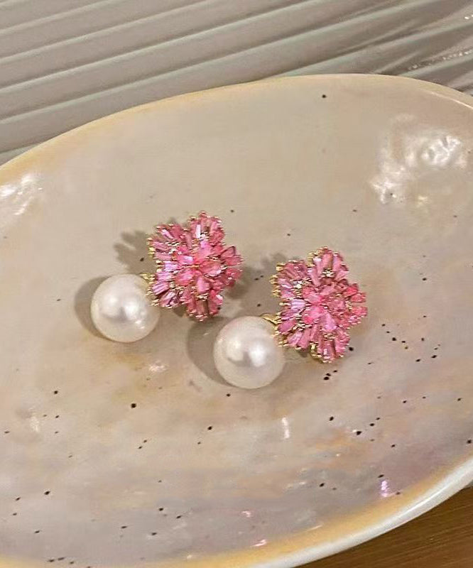 Cute Pink Copper Zircon Pearl Drop Earrings