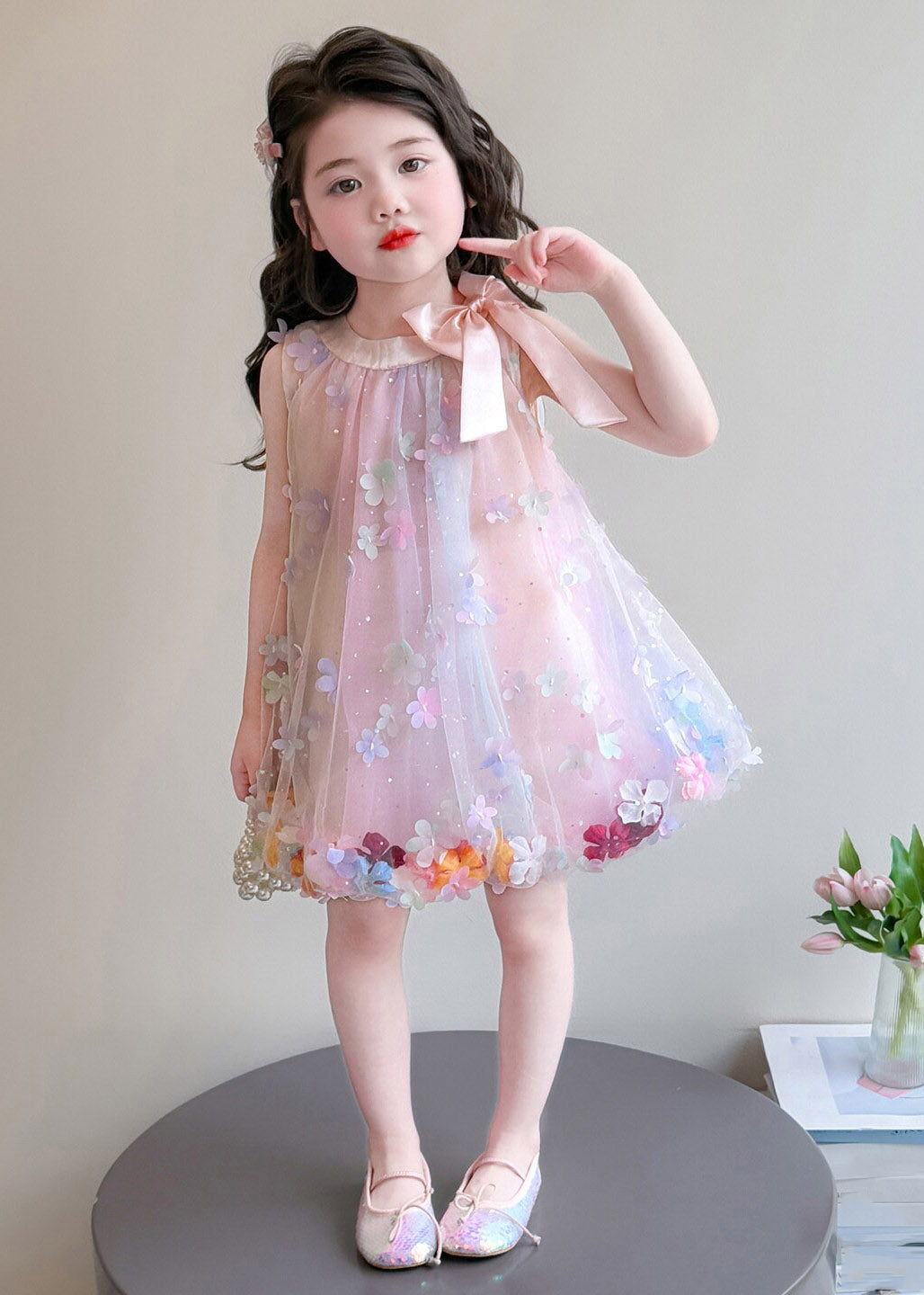 Cute Pink Floral Bow Tulle Girls Maxi Dresses Summer