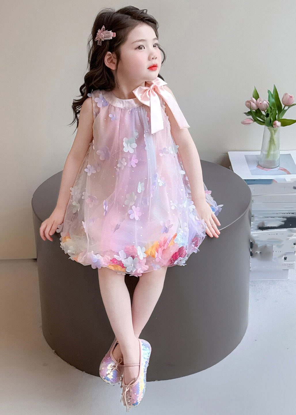 Cute Pink Floral Bow Tulle Girls Maxi Dresses Summer