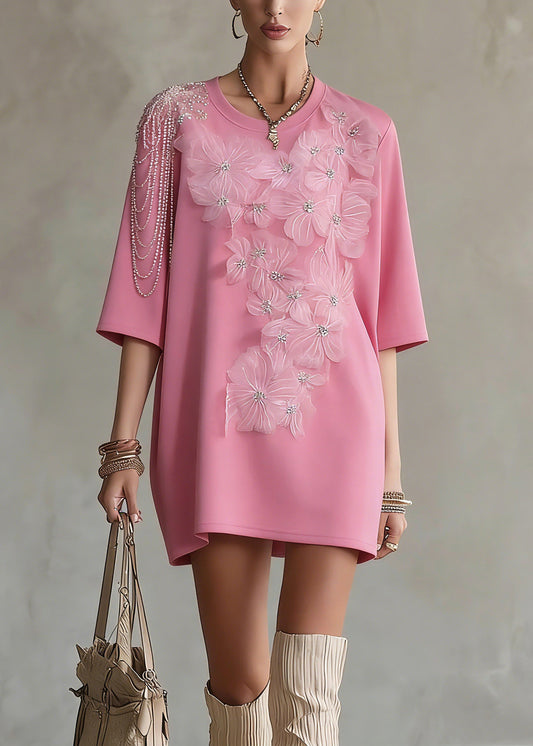 Cute Pink Floral Patchwork Solid T Shirt Summer