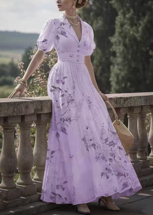 Cute Pink Notched Print Tunic Long Dress Lantern Sleeve