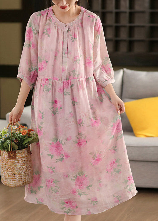 Cute Pink O-Neck Print Patchwork Linen Maxi Dress Half Sleeve