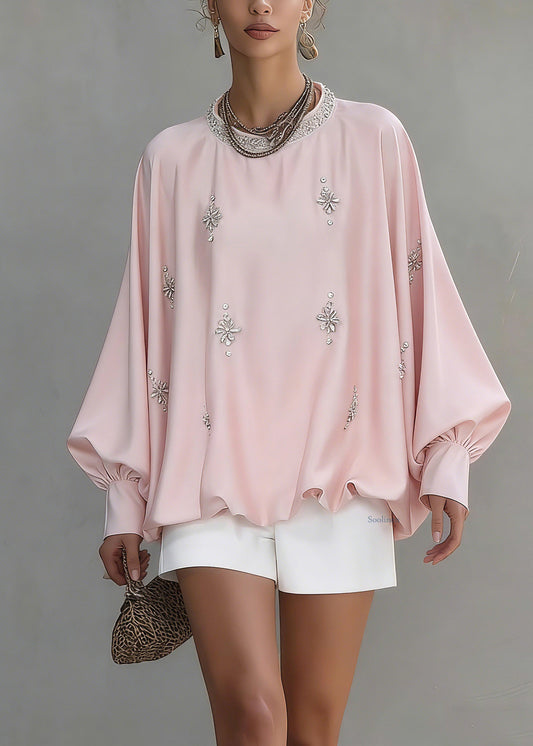 Cute Pink O-Neck Zircon Silk Shirt Spring
