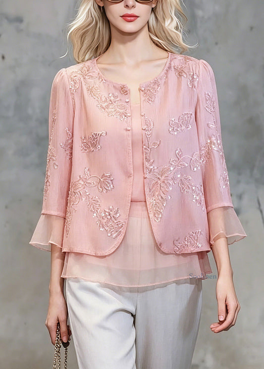 Cute Pink Patchwork Button Fake Two-Piece Chiffon Shirt Three Quarter Sleeve