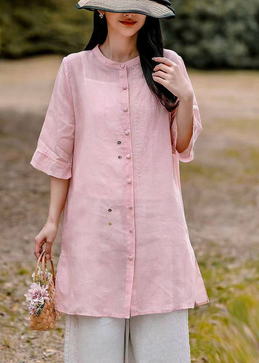 Cute Pink Patchwork Side Open Long Linen Top Summer