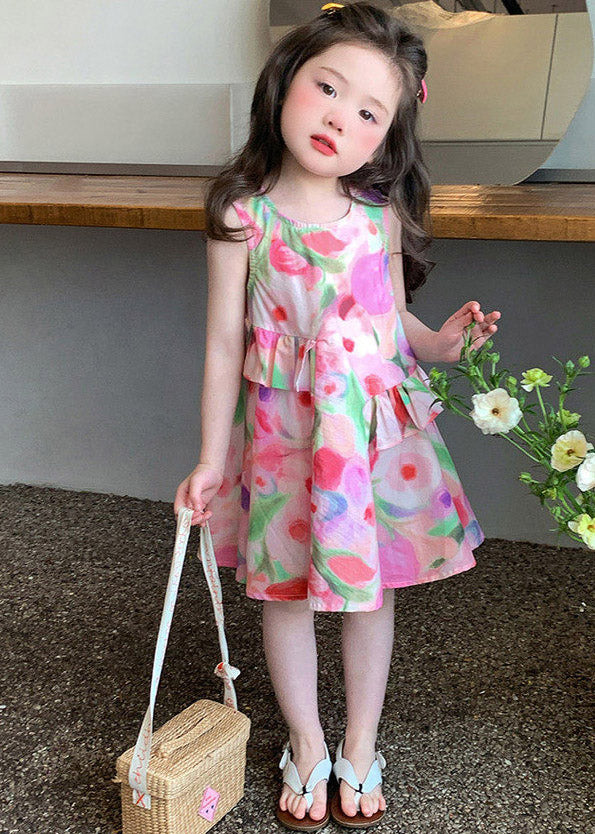 Cute Pink Ruffled Asymmetrical Print Girls Maxi Dresses Sleeveless