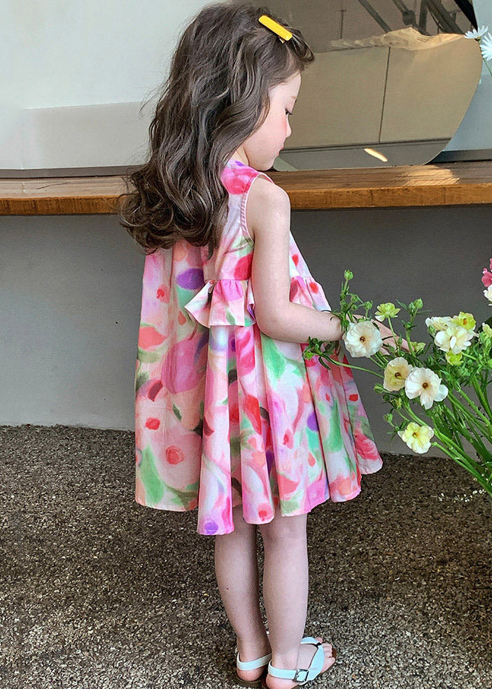 Cute Pink Ruffled Asymmetrical Print Girls Maxi Dresses Sleeveless