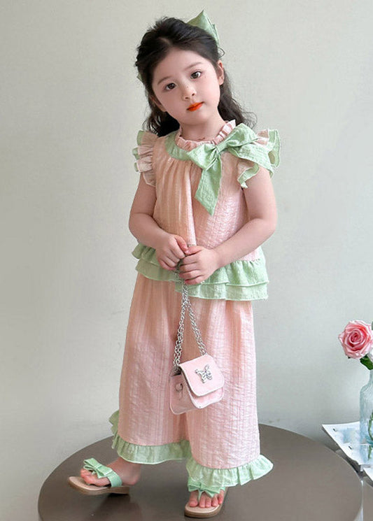Cute Pink Ruffled Bow Patchwork Kids Top And Wide Leg Pants Two Pieces Set Short Sleeve