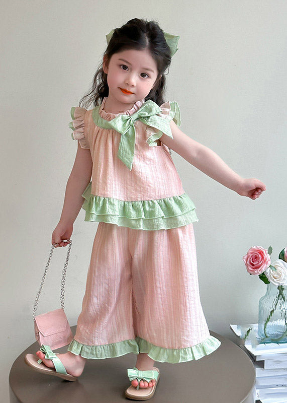 Cute Pink Ruffled Bow Patchwork Kids Top And Wide Leg Pants Two Pieces Set Short Sleeve