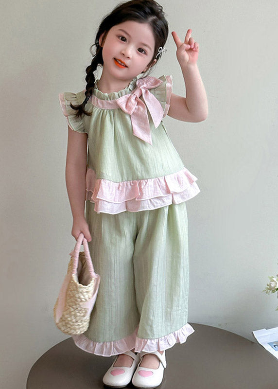 Cute Pink Ruffled Bow Patchwork Kids Top And Wide Leg Pants Two Pieces Set Short Sleeve