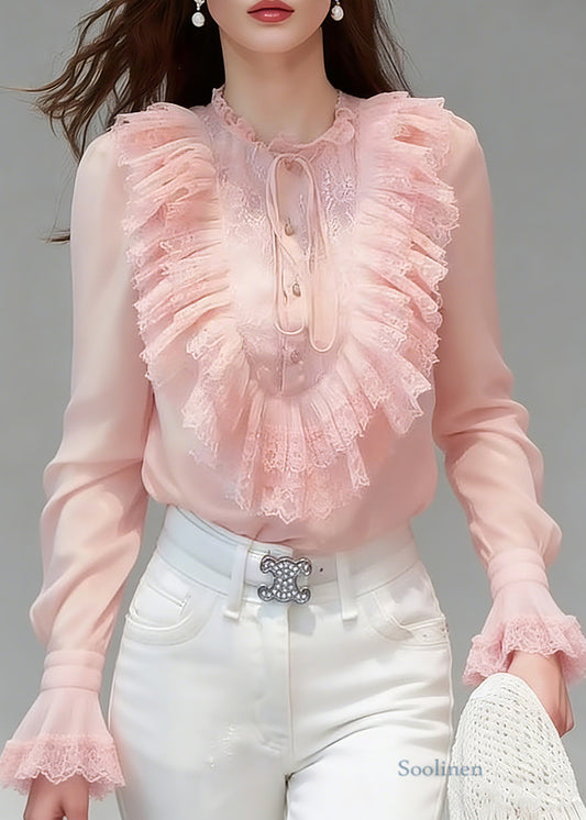 Cute Pink Ruffled Patchwork Button Solid Silk Shirts Flare Sleeve
