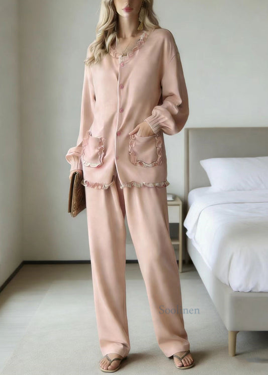 Cute Pink Ruffled Patchwork Pajamas Two Piece Set Long Sleeve