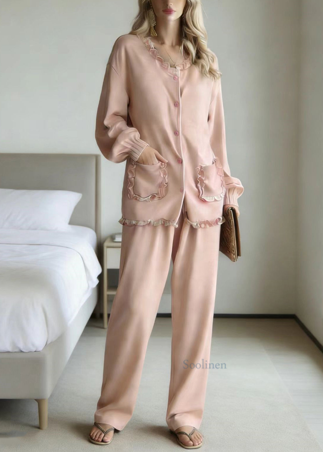 Cute Pink Ruffled Patchwork Pajamas Two Piece Set Long Sleeve