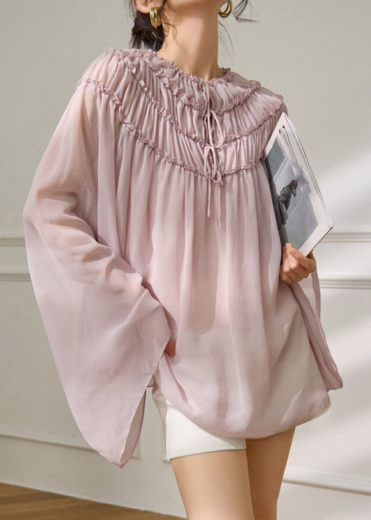 Cute Pink Ruffled Wrinkled Chiffon Tops Batwing Sleeve