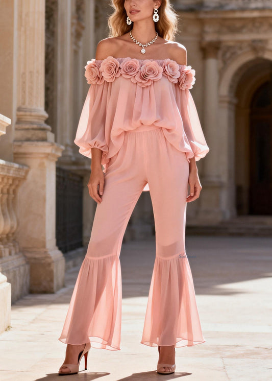Cute Pink Slash Neck Chiffon Top And Flared Trousers Two Pieces Set Lantern Sleeve