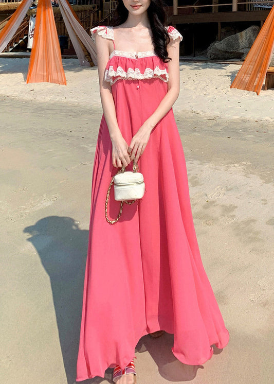 Cute Pink Square Collar Ruffled Maxi Dresses Short Sleeve