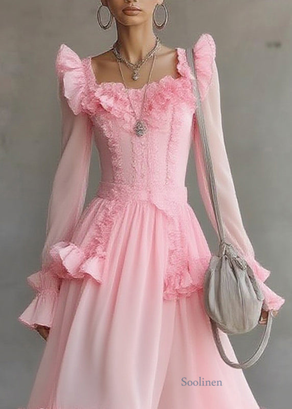 Cute Pink Square Collar Ruffled Patchwork Tulle Maxi Dress Lantern Sleeve