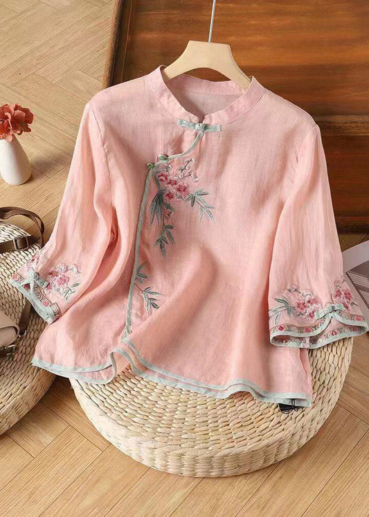 Cute Pink Stand Collar Embroidered Patchwork Shirt Three Quarter Sleeve